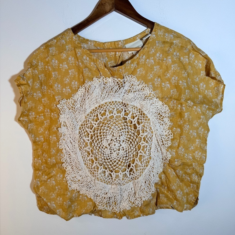 Cynthia Rowley Yellow Floral Blouse with White Crochet